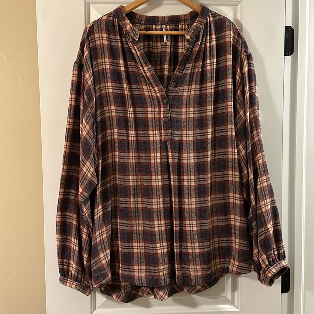 Free People plaid half button-up flannel top.
